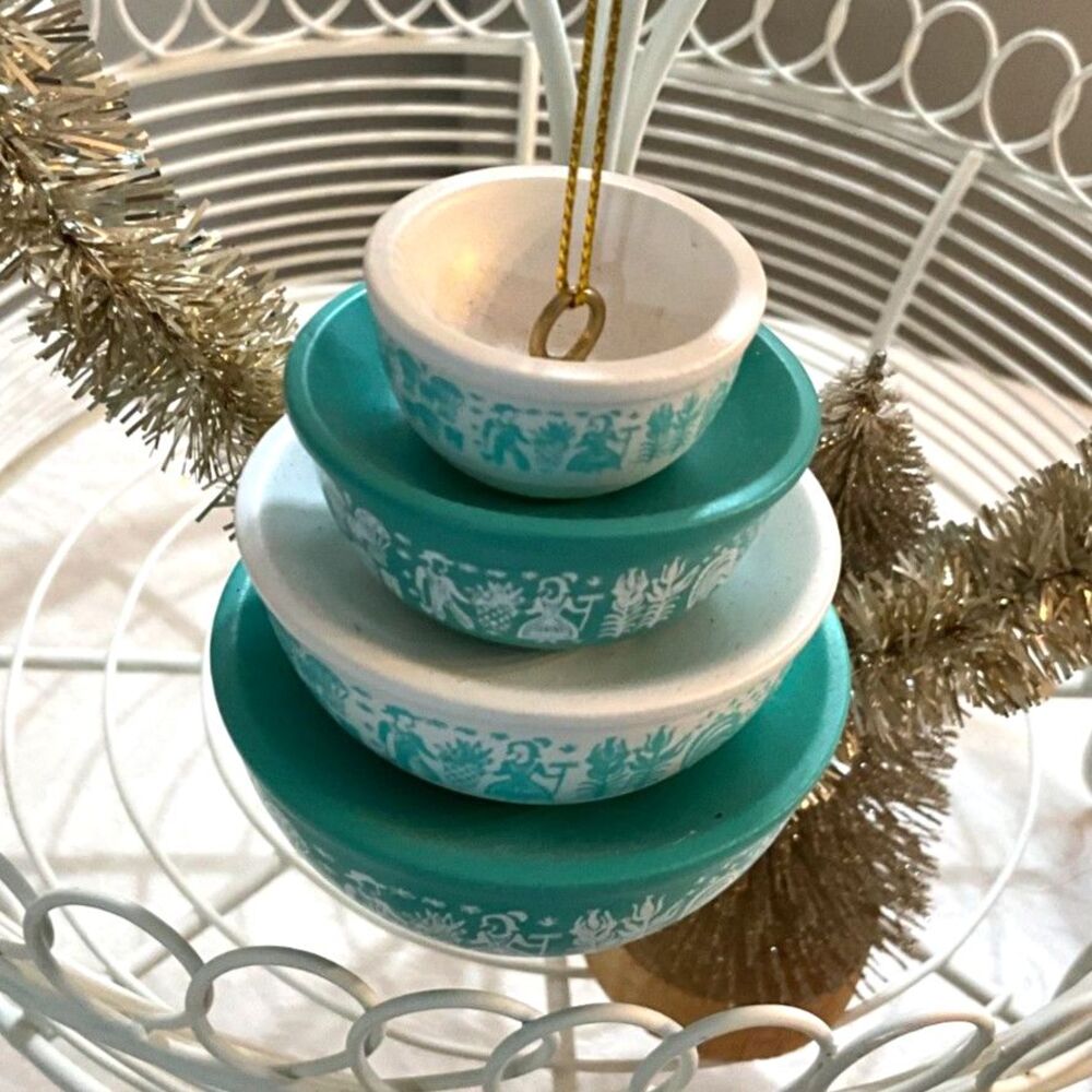 Pyrex Inspired minature Cinderalla Bowl stack Christmas ornament Twinkle Toast
